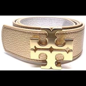 Tory Burch Metallic Gold Leather Logo Buckle Belt